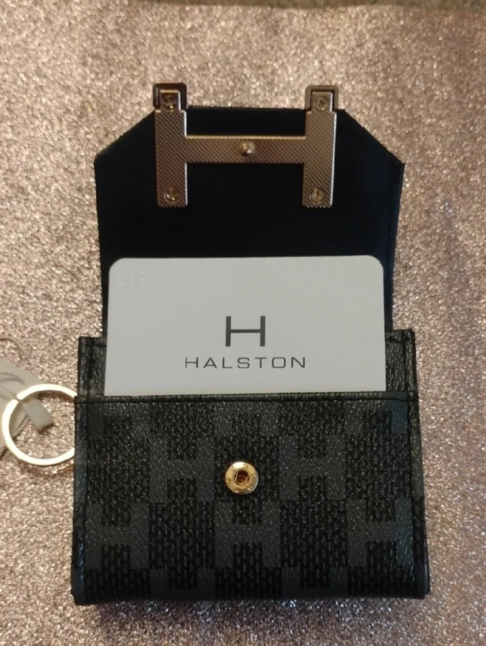 NWT H by Halston Black Gray Checkered Mini Wallet Gold Logo Key Ring